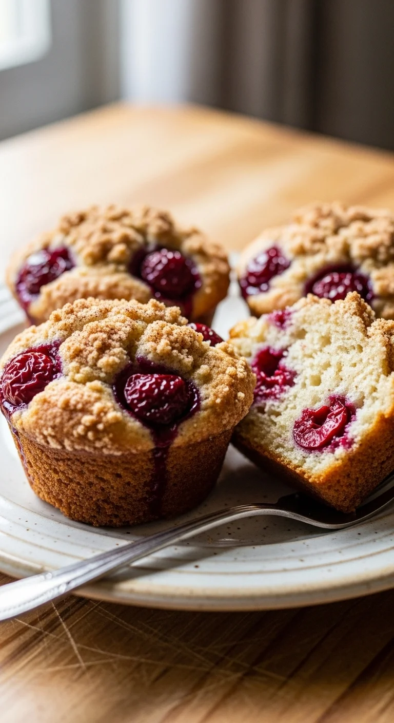 Step-by-step photo showing ingredients being mixed to make cherry cobbler muffins, highlighting the fresh cherries and batter consistency.