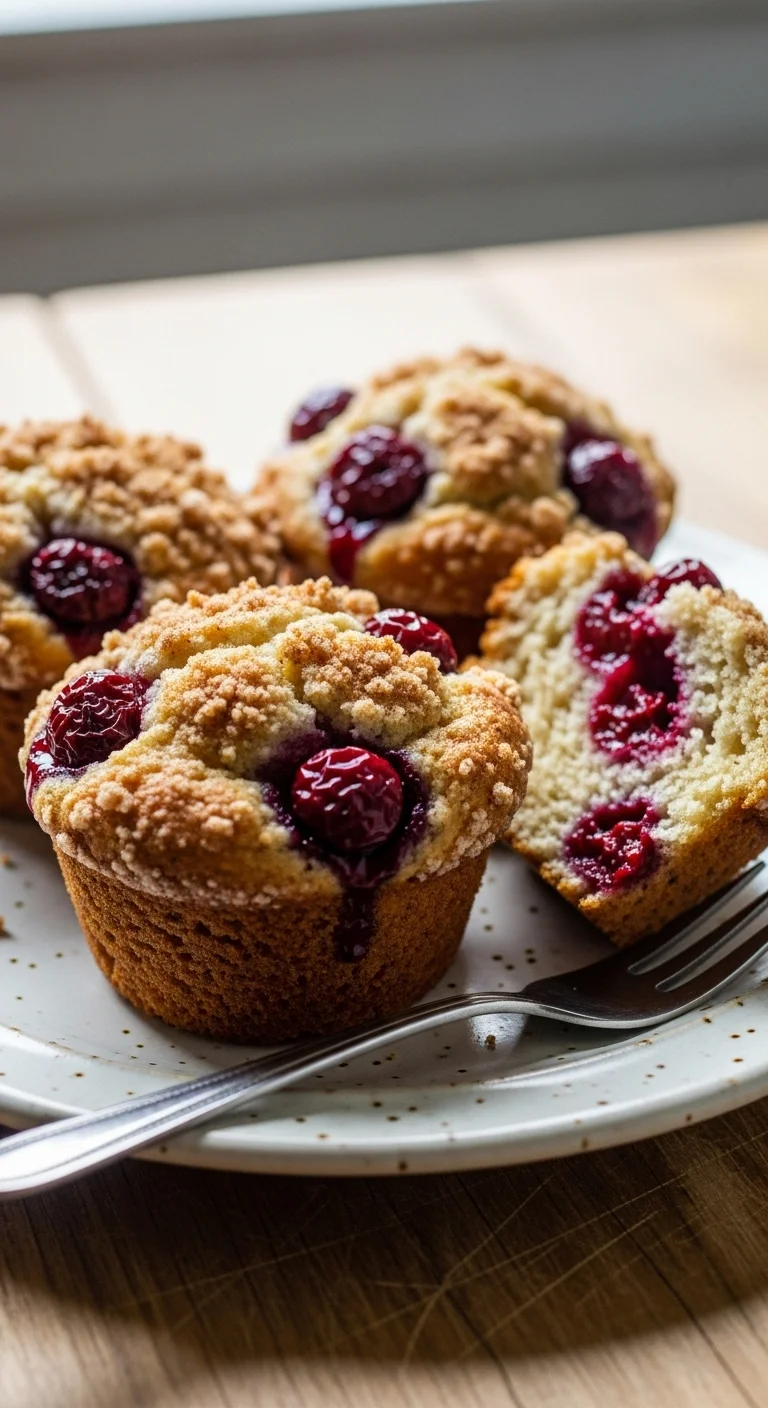 Close-up of warm, delicious cherry cobbler muffins fresh from the oven, showcasing the juicy cherries and golden-brown crumb topping.
