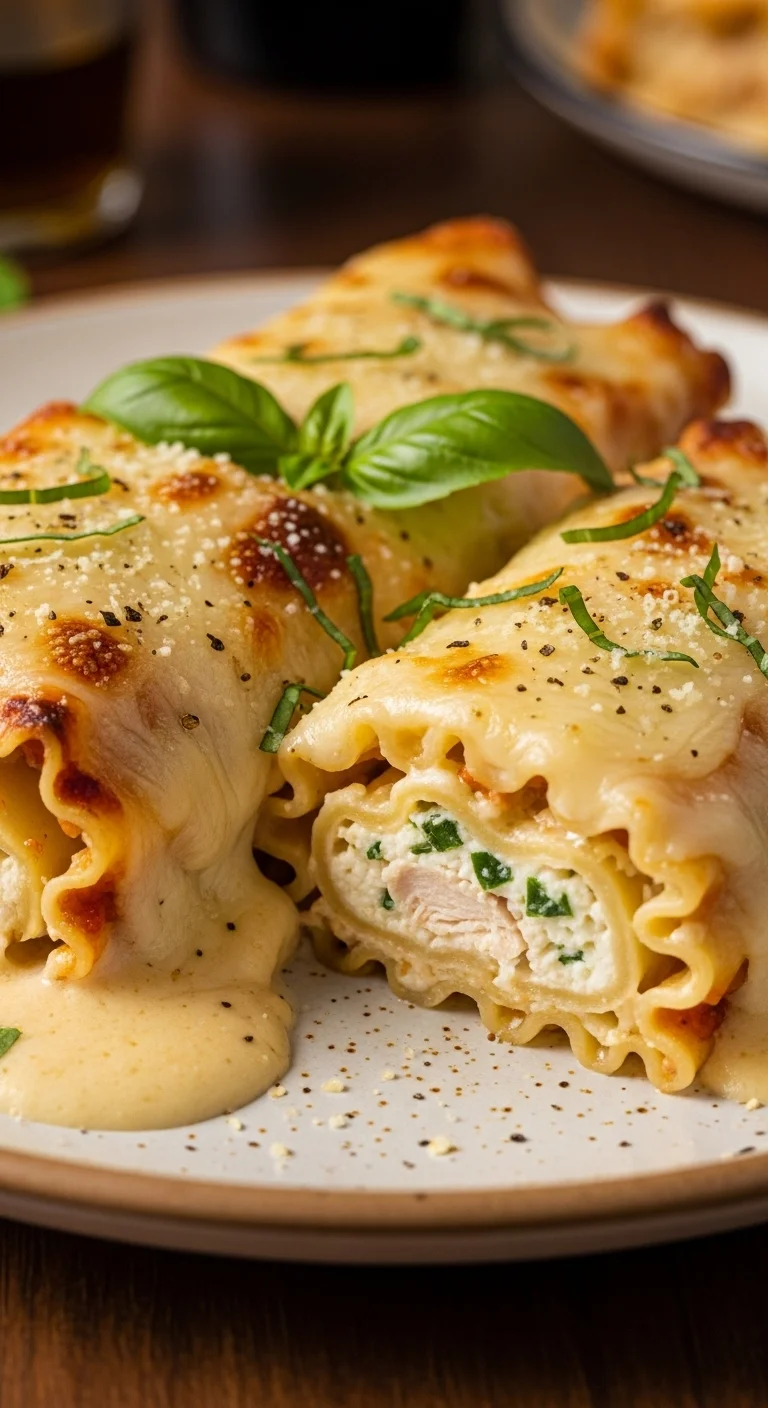 Delicious Chicken Alfredo Lasagna Roll Ups, creamy ricotta filling, shredded chicken, and Alfredo sauce