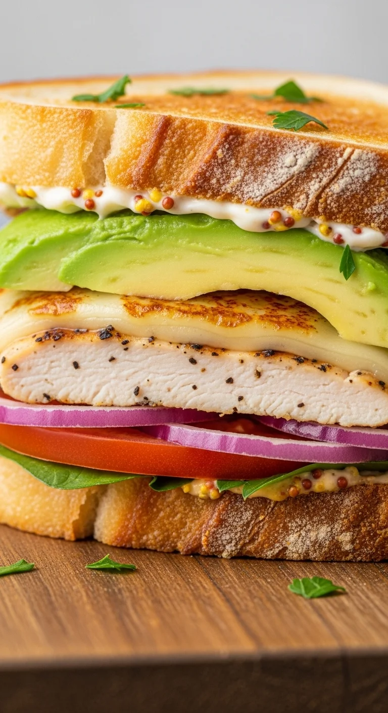 Close-up of a delicious Chicken Avocado Melt sandwich with melted Swiss cheese and creamy avocado.
