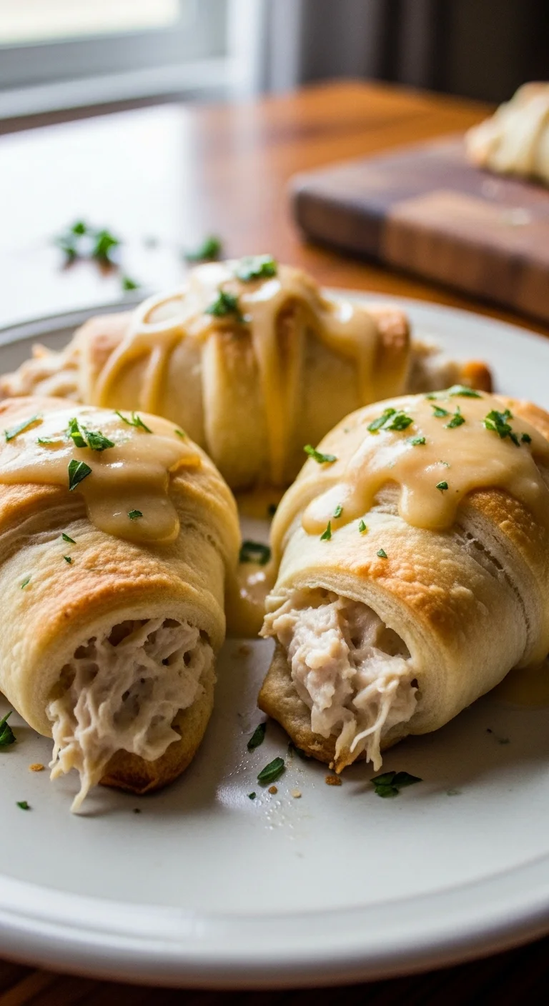 Step-by-step instructions for making Chicken Crescent Pillows: creamy chicken filling being added to crescent roll dough.