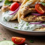 Delicious homemade chicken gyros recipe with creamy feta tzatziki sauce.