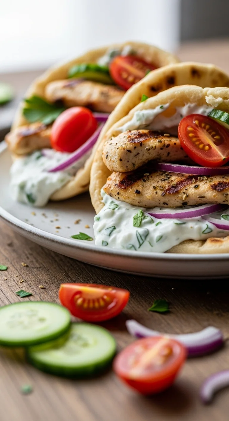 Delicious homemade chicken gyros recipe with creamy feta tzatziki sauce.