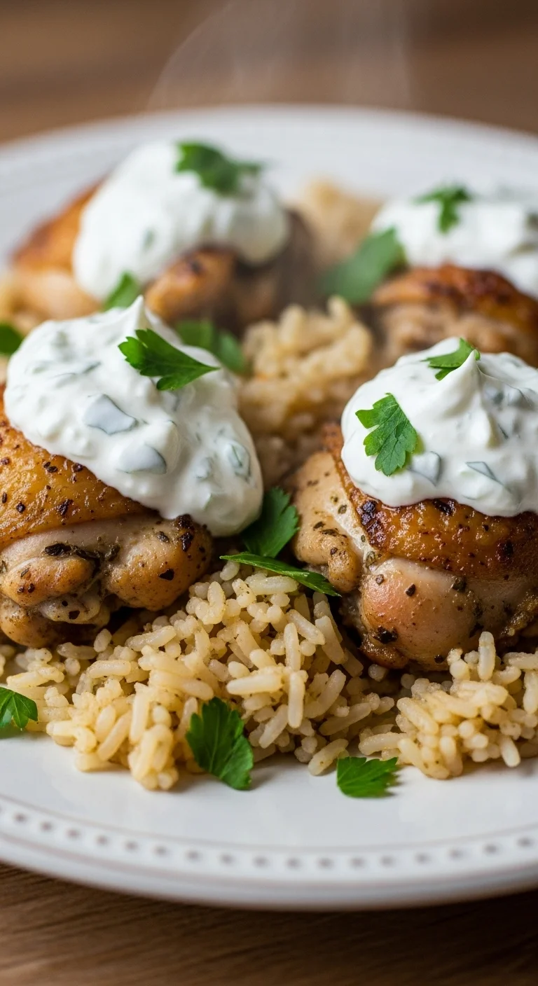 Delicious Chicken Rice Bake with Tzatziki, ready to eat. Tender chicken and fluffy rice.