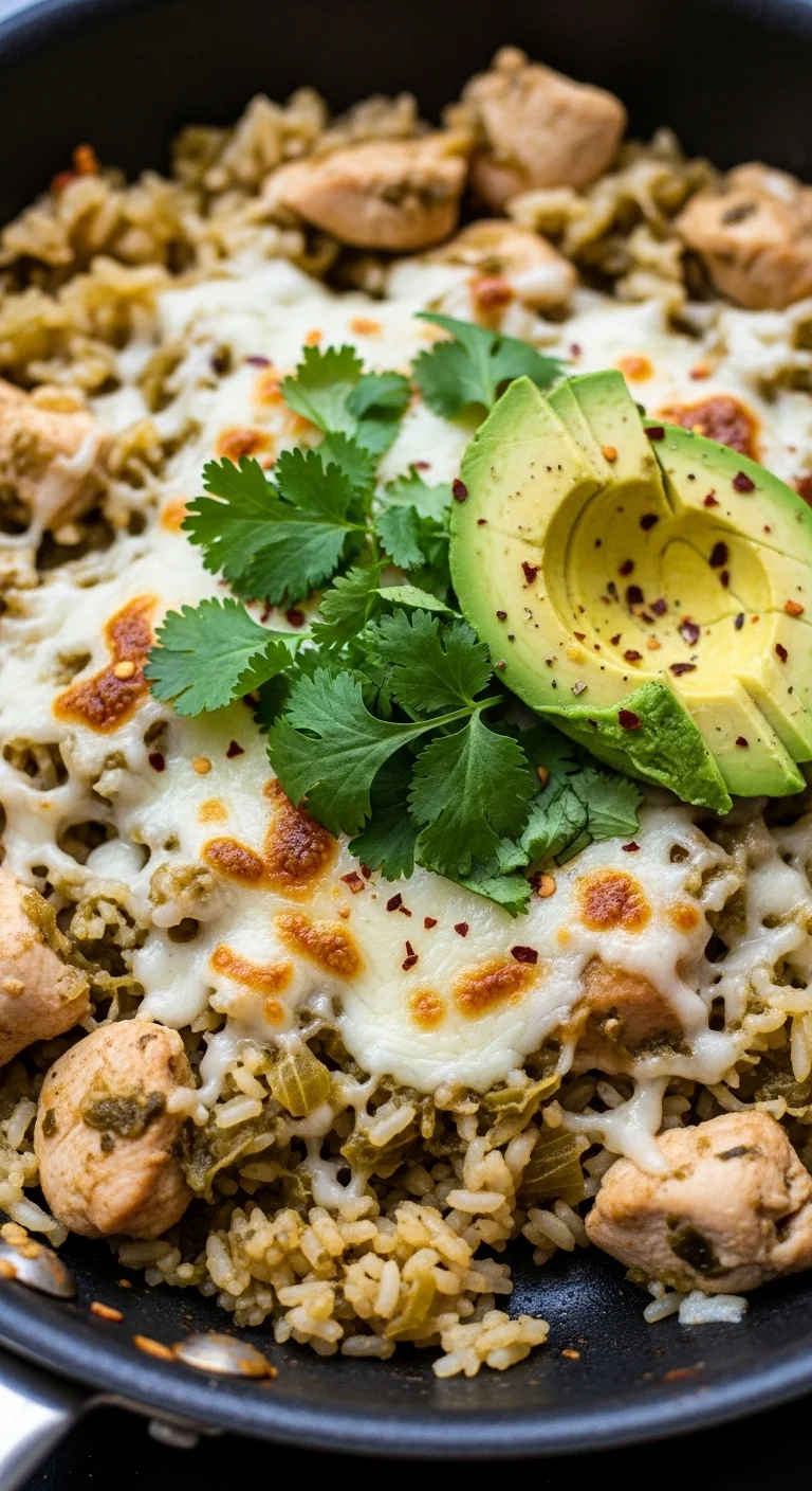 Chicken Rice Skillet with melted cheese and Salsa Verde