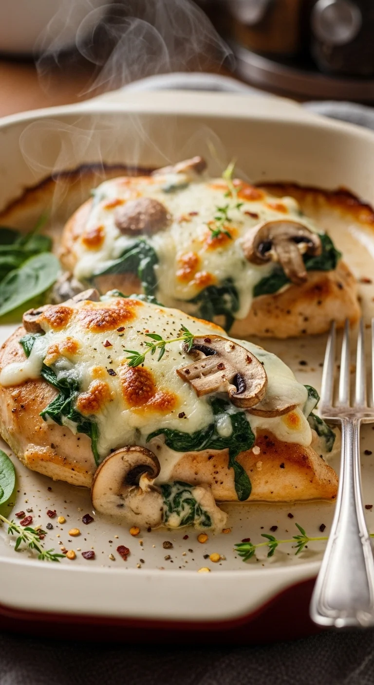 Close up of the ingredients for chicken spinach bake including chicken, spinach, mushrooms, cheese, and creamy sauce.