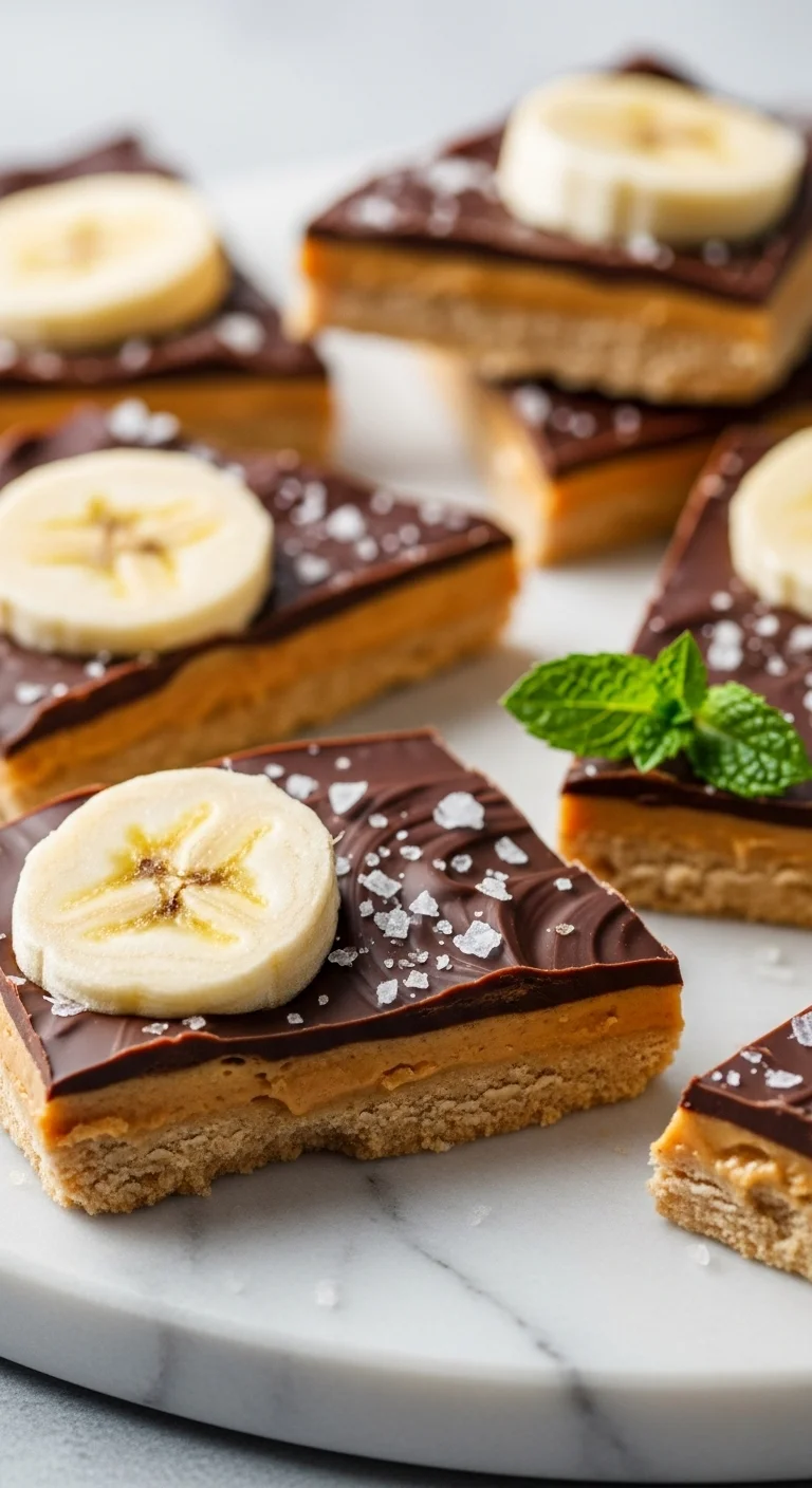 Close-up of delicious chocolate banana bark. Frozen slices of banana topped with melted chocolate and peanut butter.