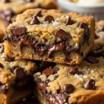 Close-up of gooey chocolate chip cookie bars, a delicious and easy cookie bar recipe.