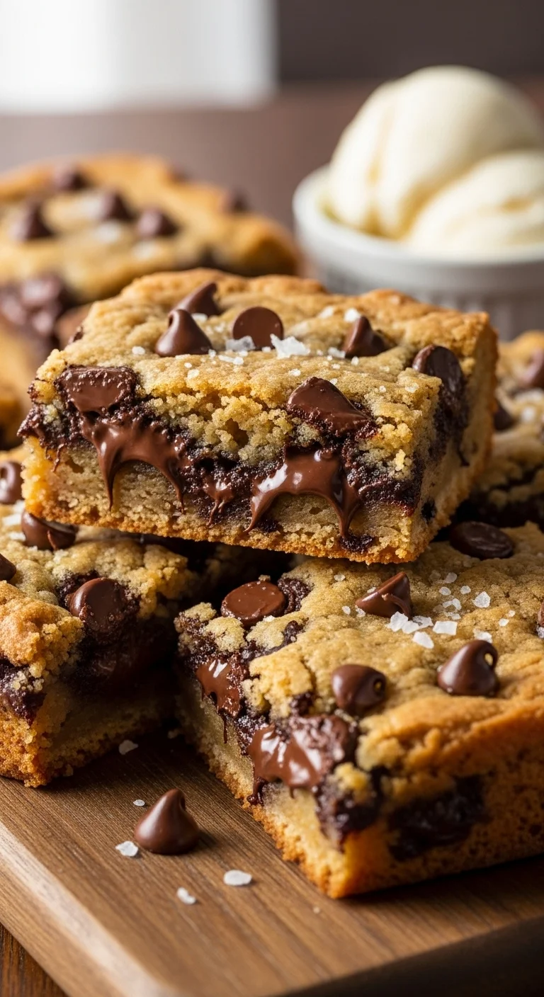 Close-up of gooey chocolate chip cookie bars, a delicious and easy cookie bar recipe.