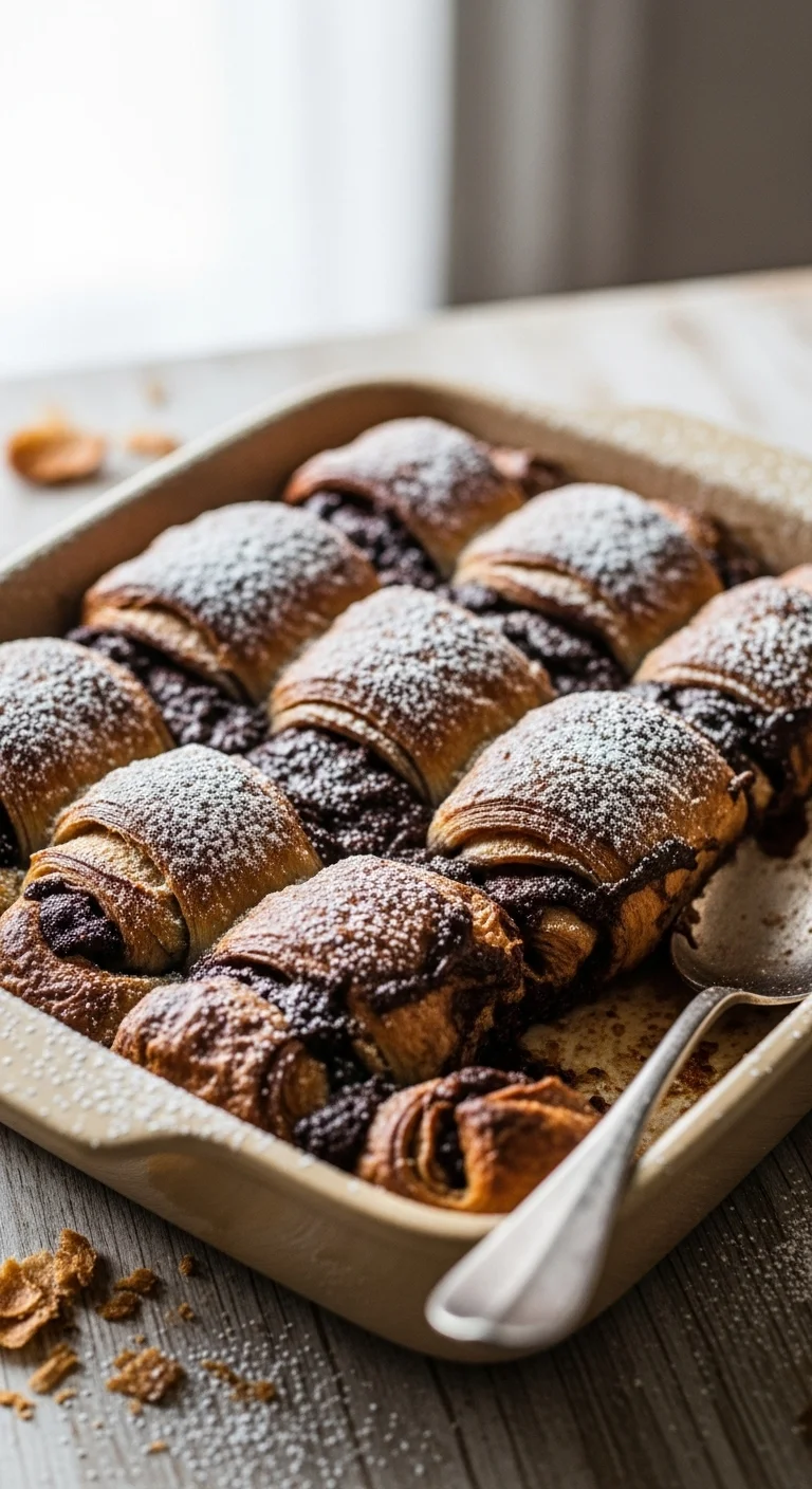 Close-up of a delicious chocolate croissant bake, perfect for an easy breakfast.