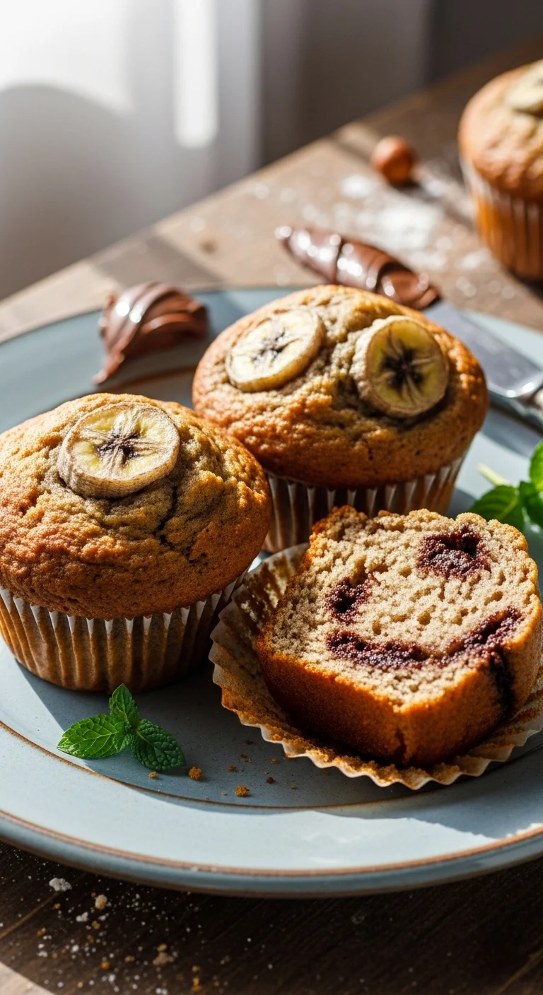 Image showing the batter being swirled with chocolate hazelnut spread before baking banana muffins.