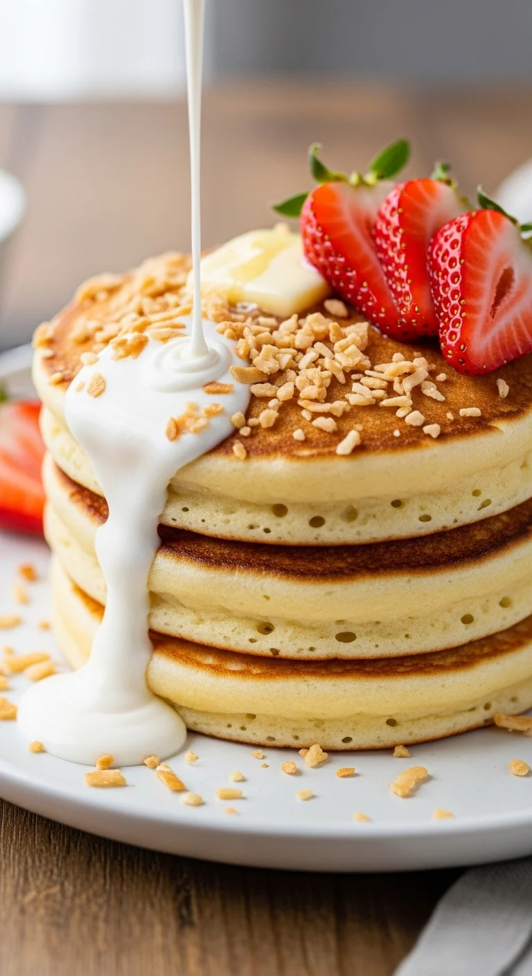 Close-up image of coconut cream pancake batter being poured onto a hot griddle. Easy step in making coconut cream pancakes.
