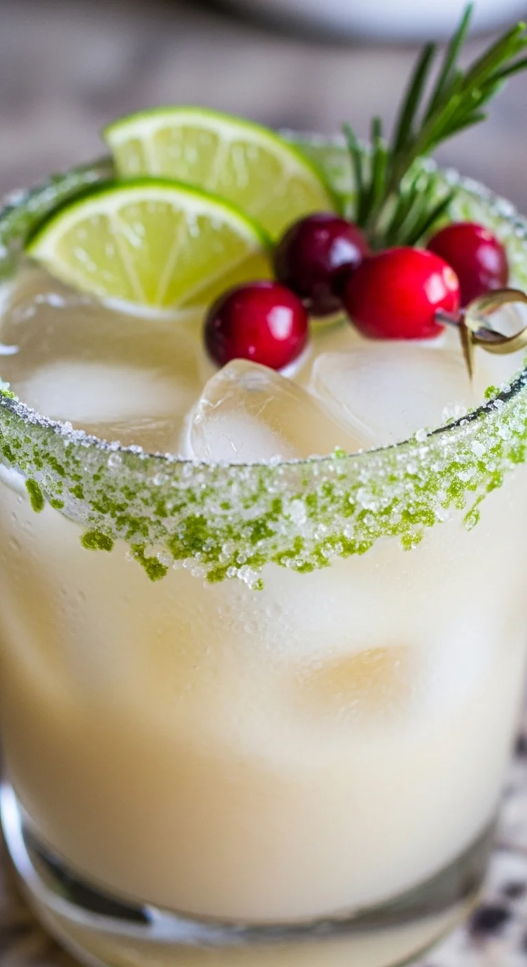 Close-up shot of a creamy coconut margarita in a salt-rimmed glass with lime and cranberry garnish.