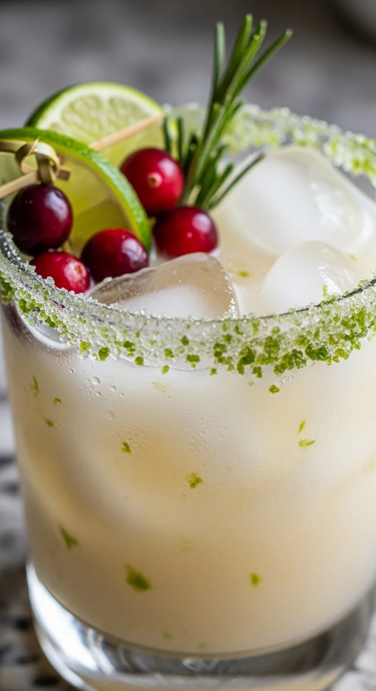 Creamy coconut margarita with lime, coconut water, and cranberries, garnished with lime wedge and cranberries.