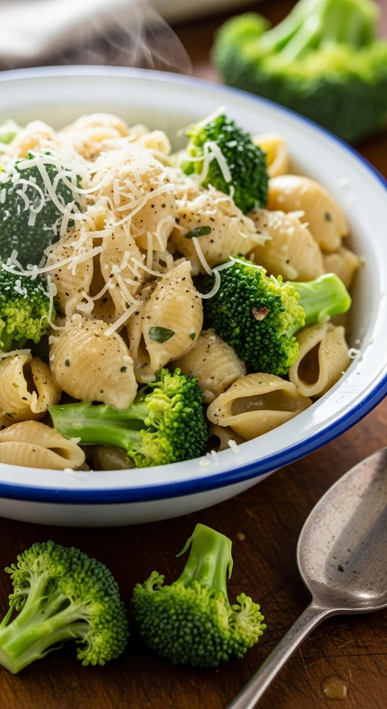 Creamy garlic parmesan sauce coating broccoli and pasta in a skillet. Easy one-pot dinner.