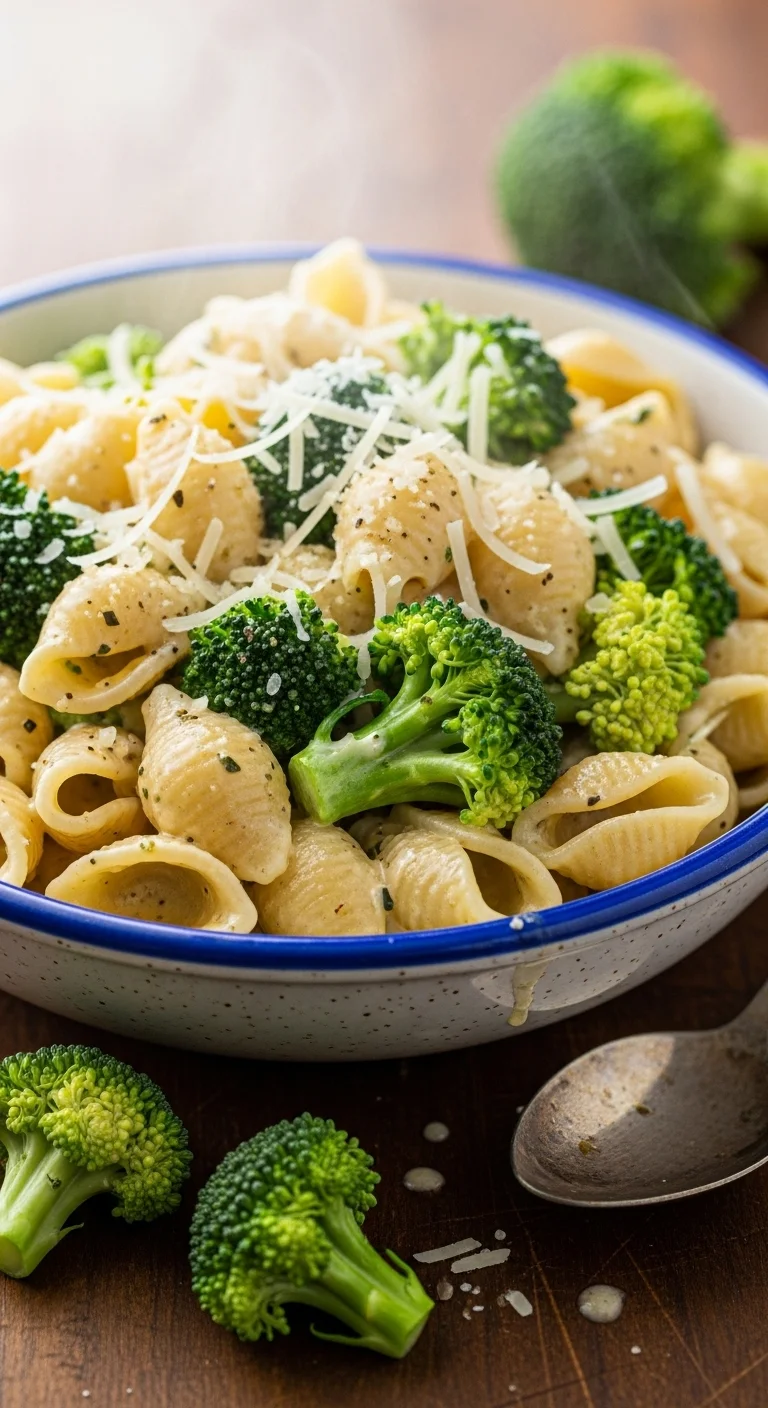 Close-up of creamy broccoli pasta in a pot, ready to serve. Delicious and easy one-pot recipe.