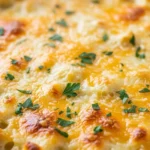 Creamy and cheesy cauliflower casserole, ready to be served. A delicious and easy side dish recipe.