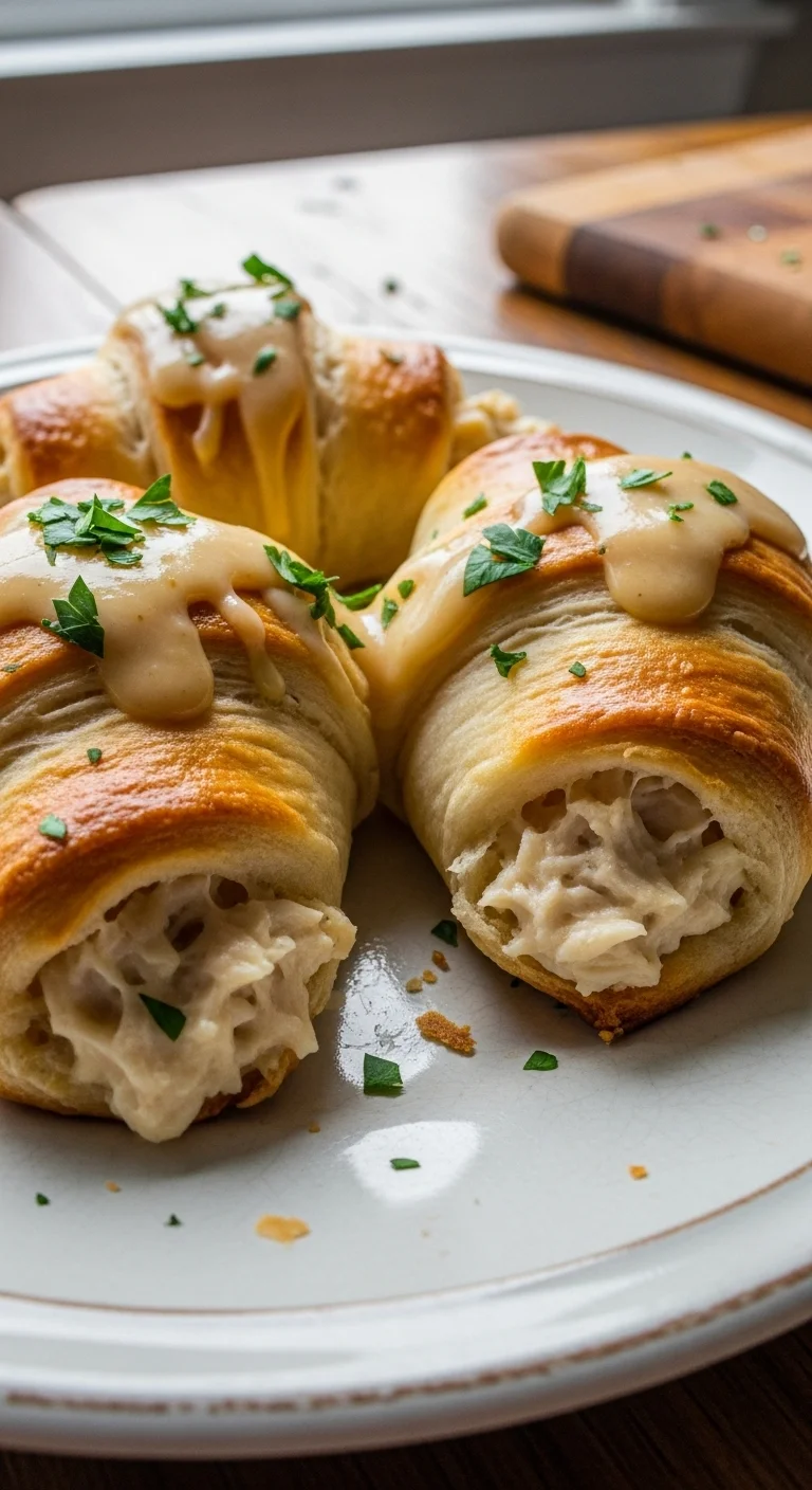 Creamy Chicken Crescent Pillows: Flaky crescent rolls filled with creamy chicken and topped with Parmesan sauce.