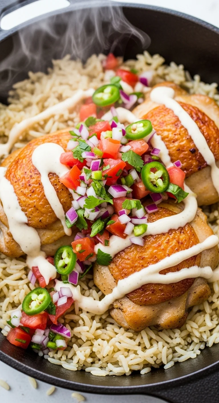 Close-up of creamy chicken rice skillet with tender chicken, rice, and a rich, creamy sauce.