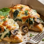 Creamy chicken spinach bake with mushrooms, bubbling and golden brown in a casserole dish.
