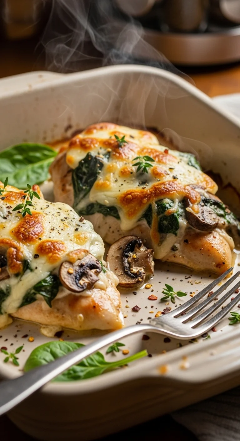 Creamy chicken spinach bake with mushrooms, bubbling and golden brown in a casserole dish.