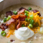 Bowl of creamy loaded potato soup topped with bacon, cheese, and green onions.
