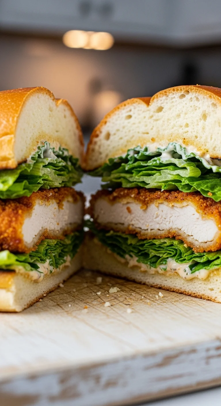Close-up of a delicious Crispy Chicken Caesar Sandwich. See the easy recipe!