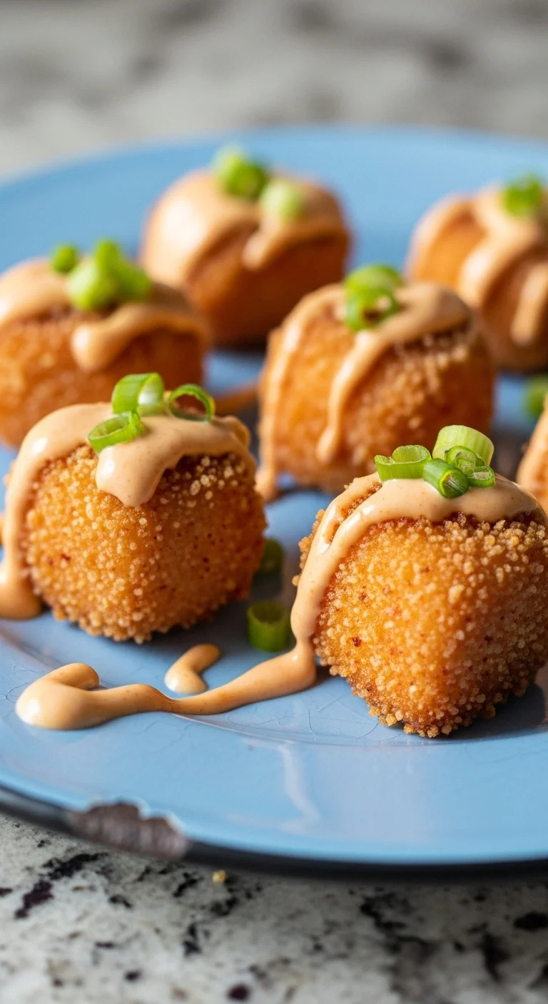 Close-up of golden crispy salmon bites served with zesty bang bang sauce.