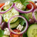 Fresh and vibrant cucumber feta salad with lemon vinaigrette dressing.