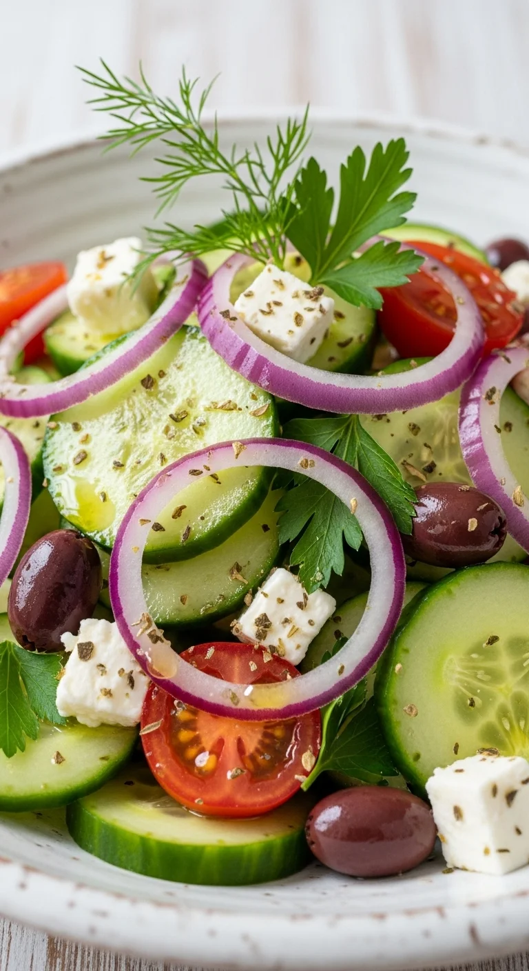 Fresh and vibrant cucumber feta salad with lemon vinaigrette dressing.