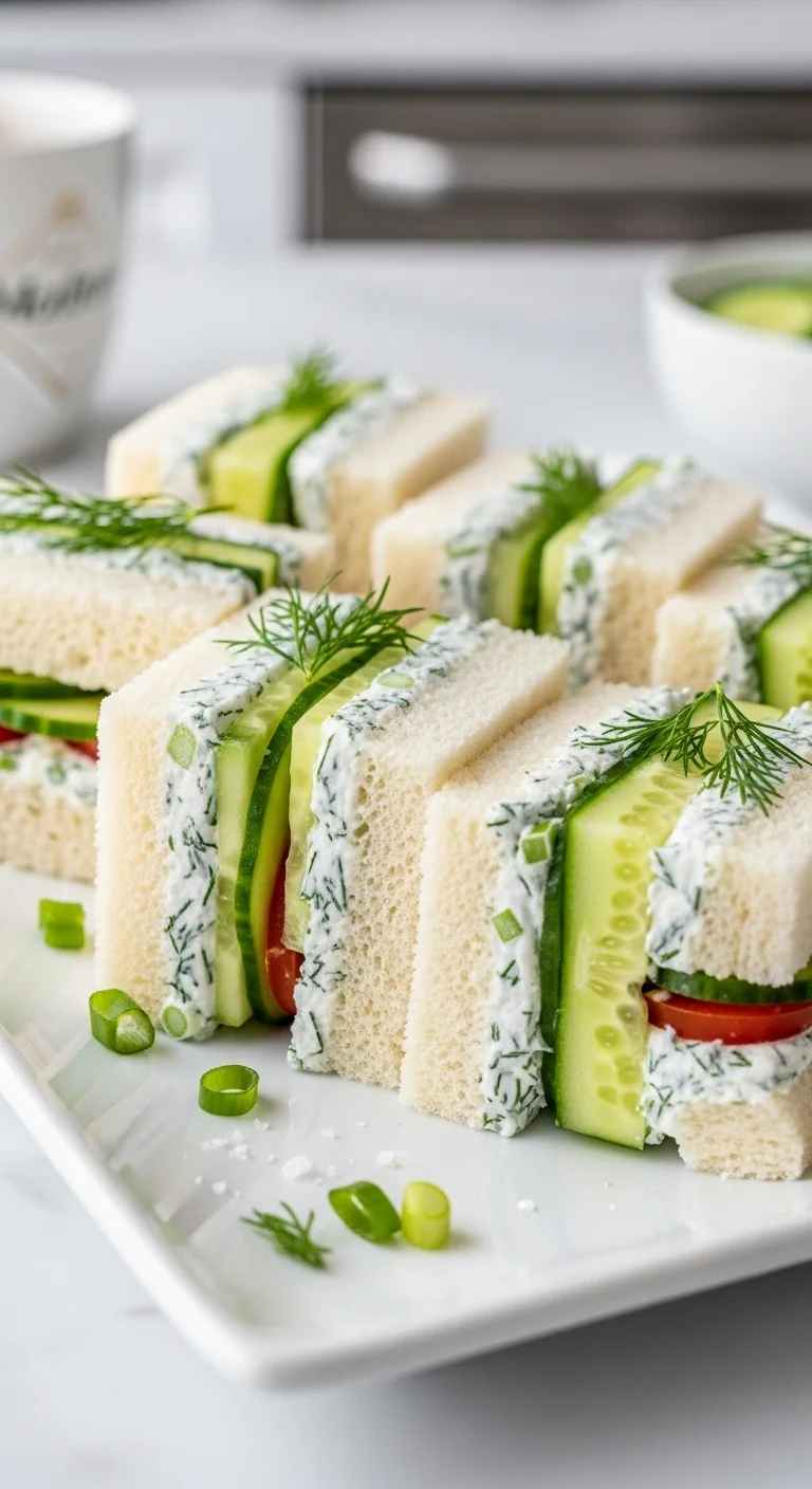 Close-up of delicious cucumber sandwiches. Fresh, easy cucumber sandwiches recipe perfect for parties and lunch.