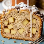 Close-up of warm, golden brown Easy Amish Apple Fritter Bread with a sweet glaze dripping down the sides.
