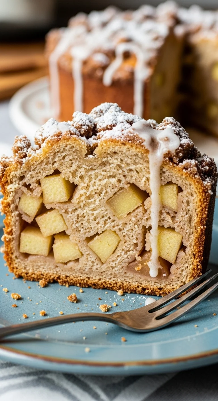 Close-up of warm, golden brown Easy Amish Apple Fritter Bread with a sweet glaze dripping down the sides.