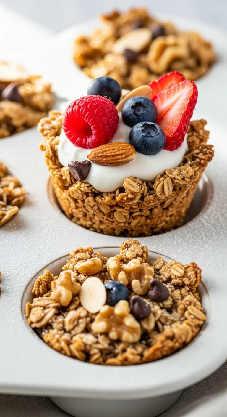 Golden brown and delicious easy baked granola cups recipe, perfect for a healthy breakfast or snack.