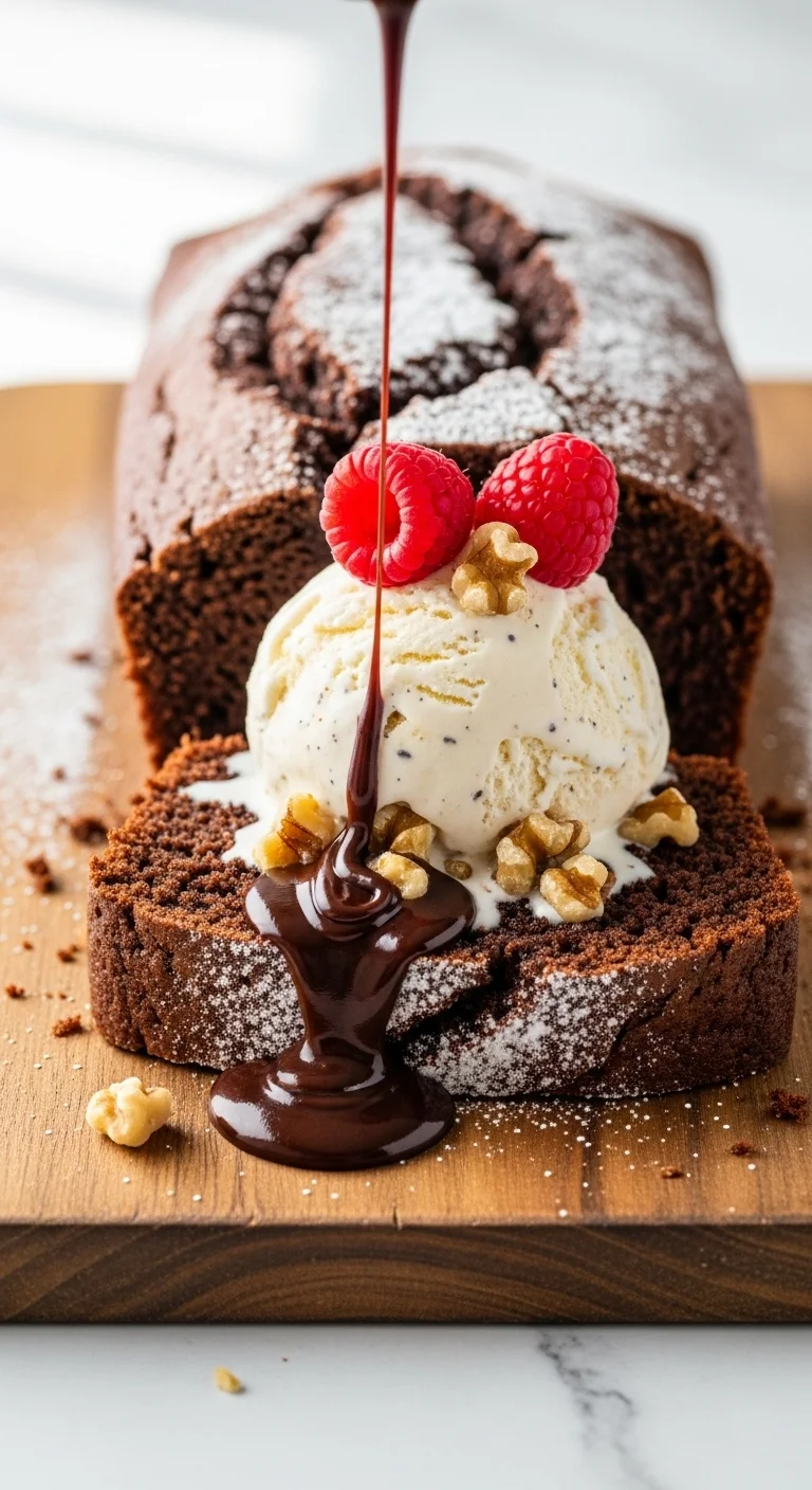 Close-up of hot fudge brownie bread, showing its fudgy texture and rich chocolate color, perfect brownie bread recipe.
