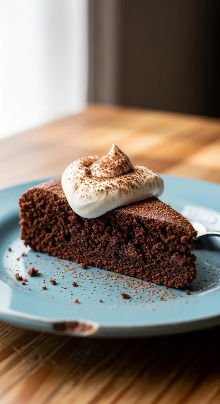 Close-up of a slice of fudgy chocolate brownie cake, showing its moist texture.