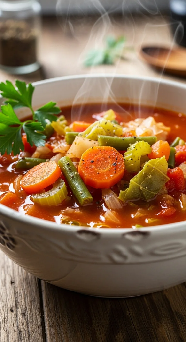 Close-up of homemade cabbage soup with visible vegetables, ready to eat.