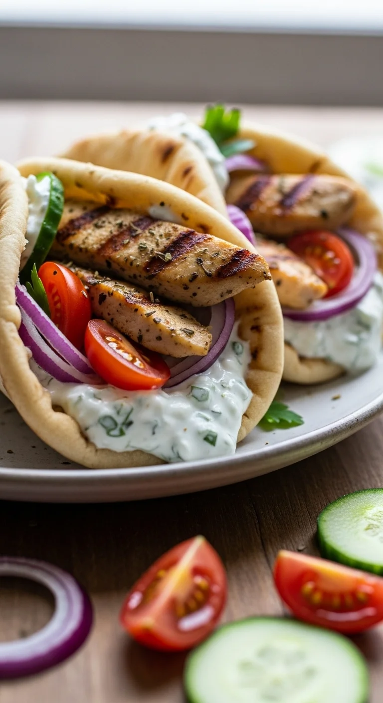 Step-by-step instructions for making easy chicken gyros with feta tzatziki sauce.