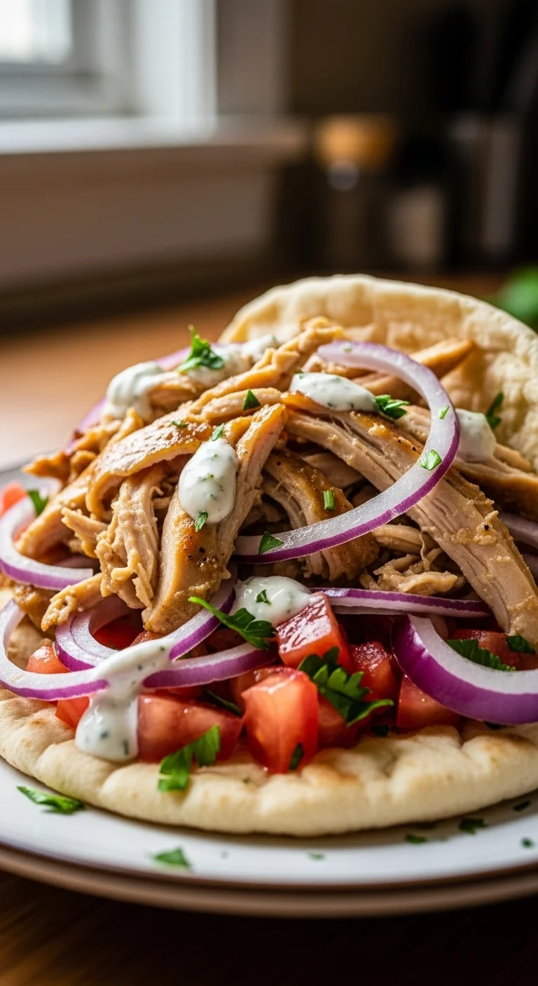 Close-up of shredded slow cooker chicken shawarma, showing the juicy and flavorful texture. Find the easy chicken shawarma recipe on our website.