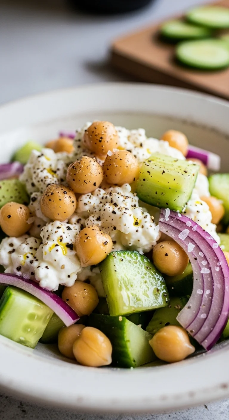 Close-up of a bowl of chickpea cottage cheese salad, showing the creamy texture and ingredients like chickpeas and cucumber.
