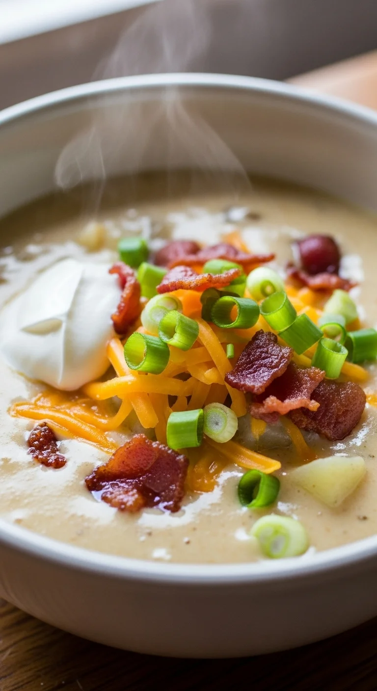 Close-up of creamy potato soup being stirred in a pot, showing the rich texture.