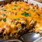Close-up of a bubbling hot ground beef casserole with cheesy sauce.