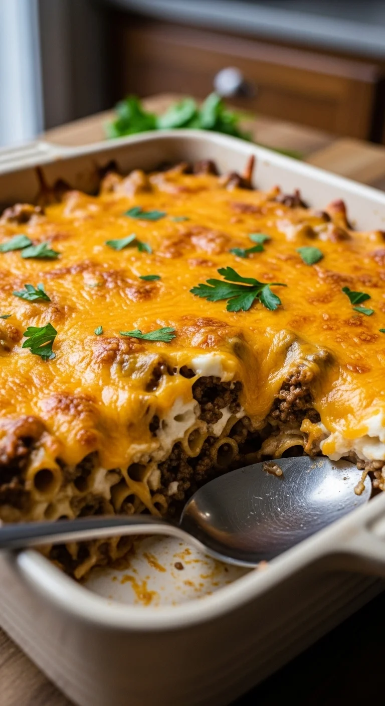 Close-up of a bubbling hot ground beef casserole with cheesy sauce.