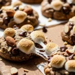 Close-up of gooey Easy Rocky Road Cookies with chocolate chips, marshmallows, and almonds.