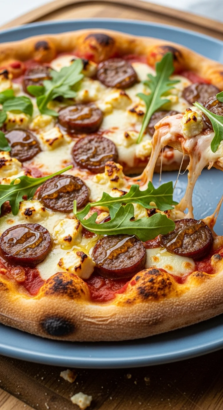Step-by-step image showing the process of assembling a Sausage Feta Honey Pizza: adding sausage, feta, and drizzling honey.