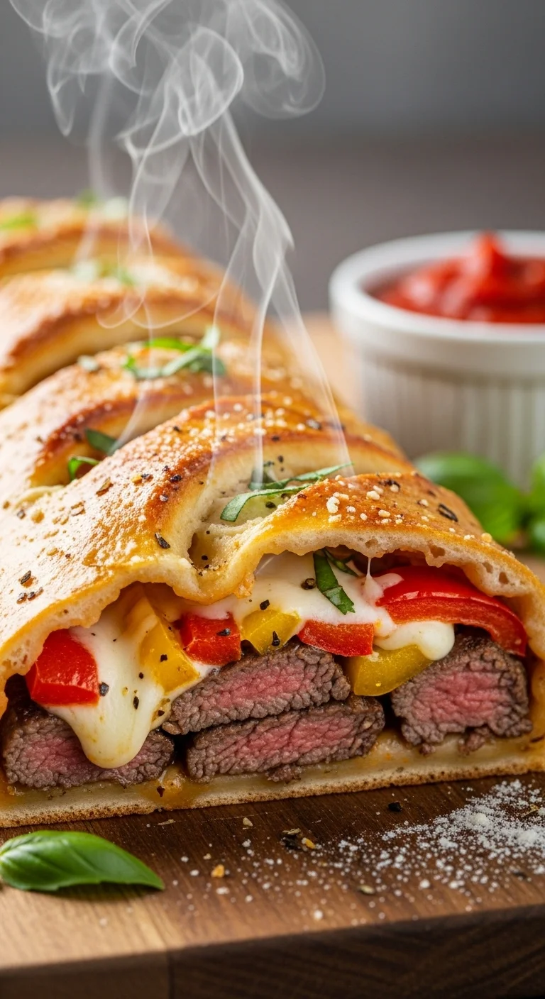 Ingredients for a Mozzarella Steak Stromboli recipe: steak, mozzarella cheese, dough, and seasonings, arranged on a wooden surface.