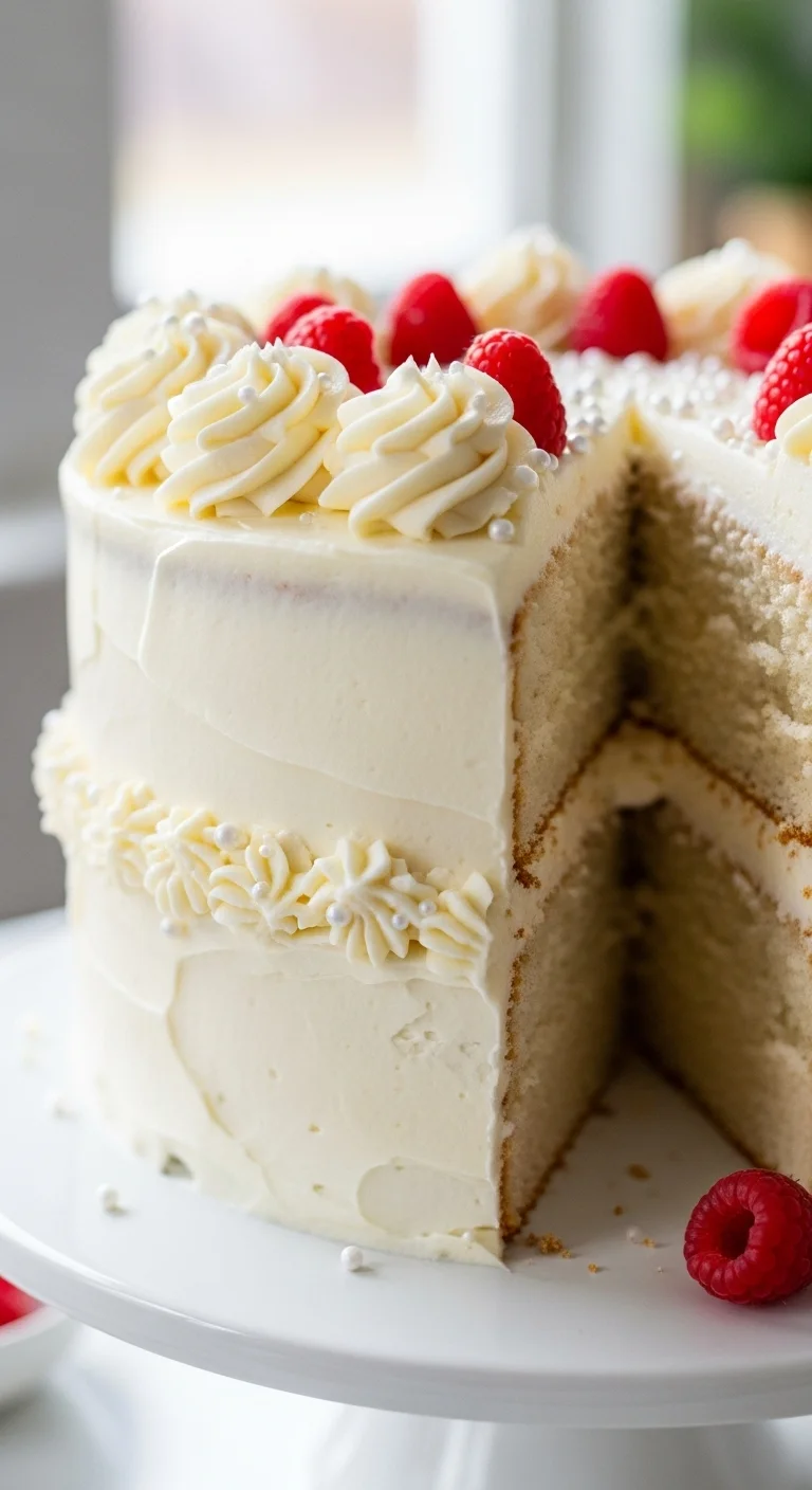 Close-up of a slice of moist and fluffy white cake, showcasing the perfect texture.