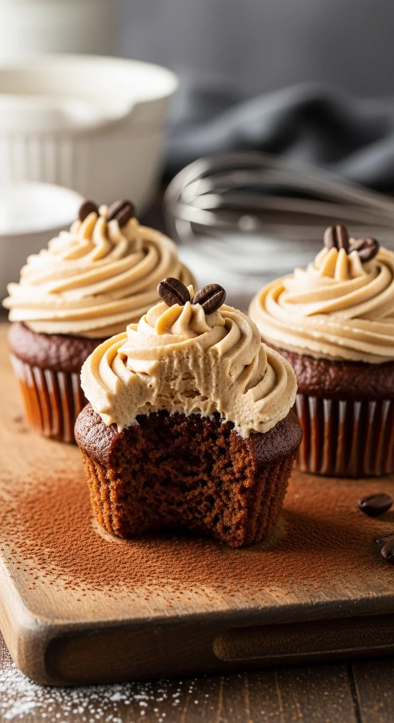 Close-up of coffee buttercream frosting being made for espresso cupcakes recipe.