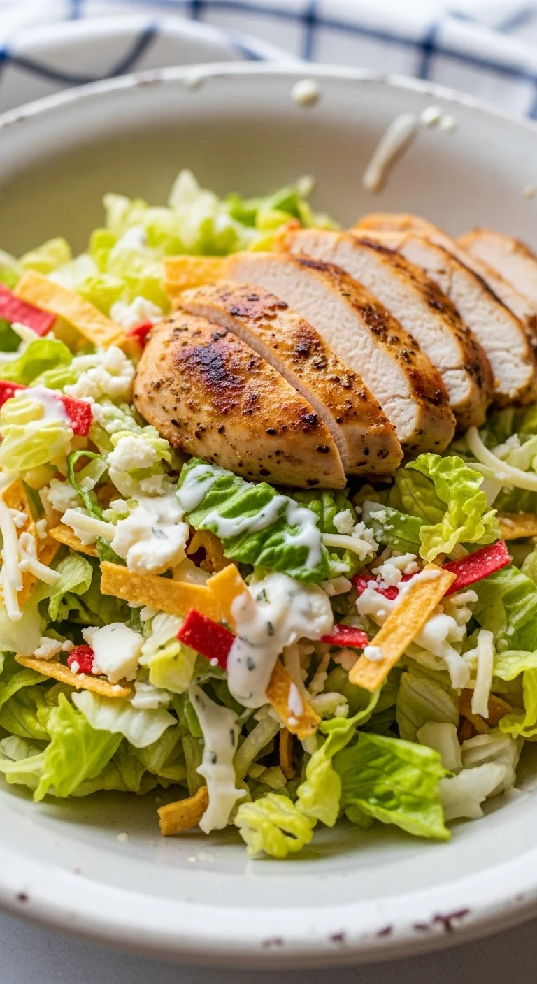 Close-up of Fiesta Ranch Chicken Salad. Creamy chicken ranch salad with colorful corn, beans, and peppers.
