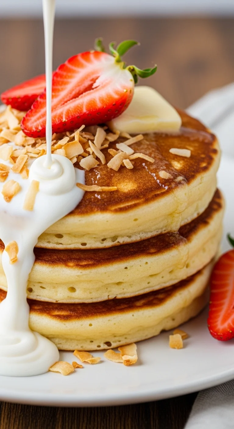 Stack of fluffy coconut cream pancakes topped with whipped cream and coconut flakes. Delicious and easy breakfast recipe.